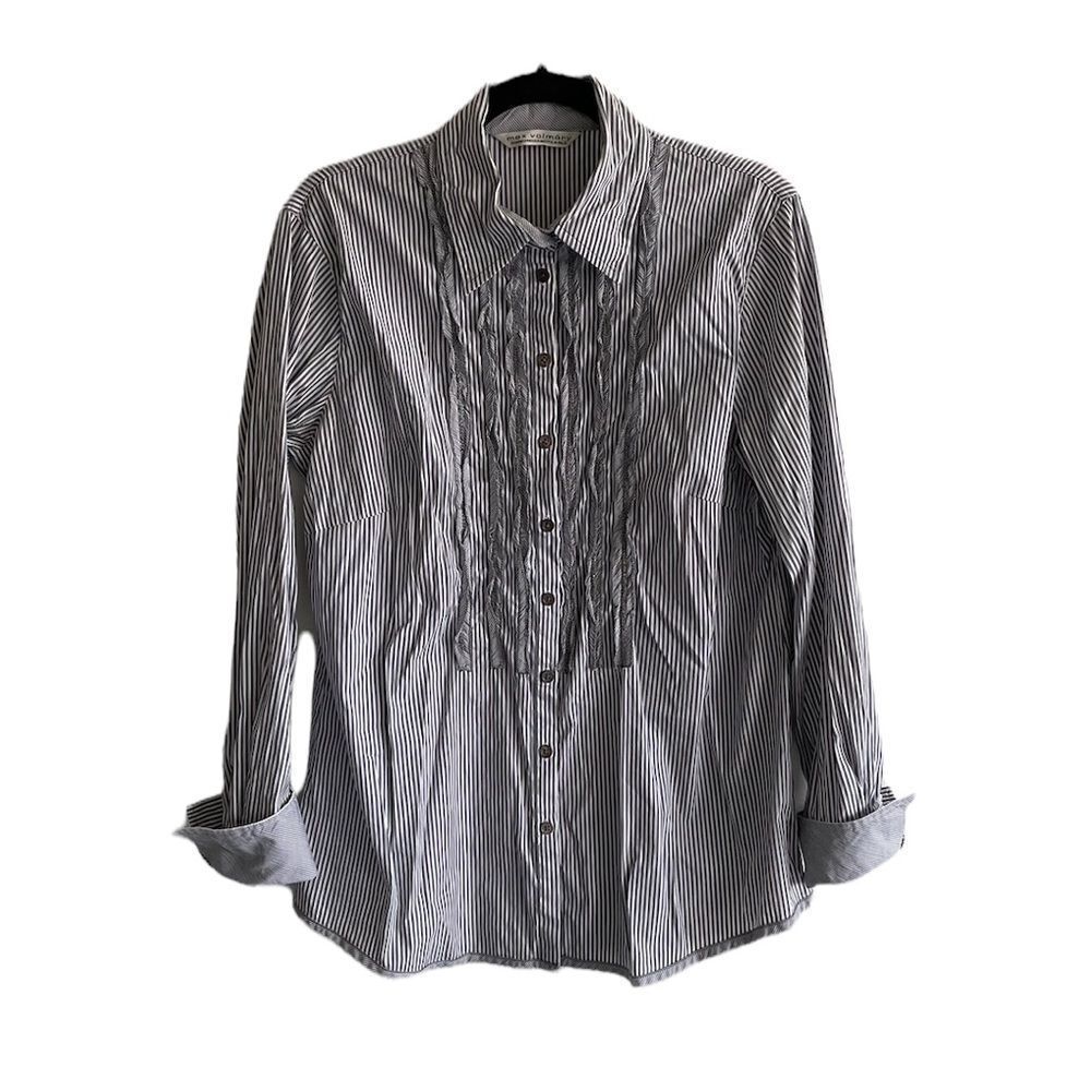 MAX VOLMARY Diamonds And Pearls Striped Button Front Blouse Blue White 14